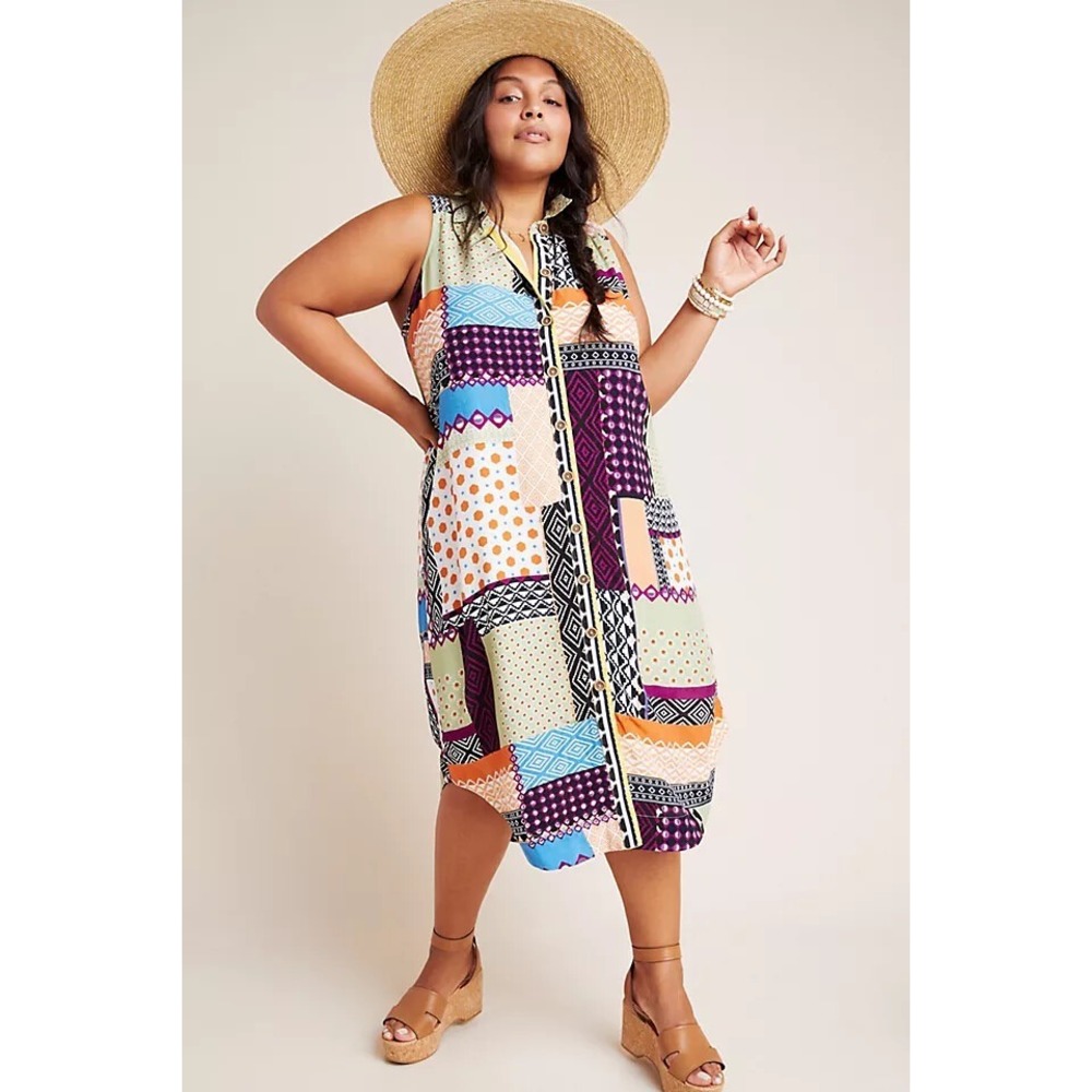 Anthropologie Shirtdress 12 Petite Everyway Patchwork Multicolor Midi Boho 12P